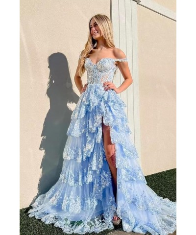 Lace Tulle Tiered Prom Dresses for Women Spaghetti Straps Corset Long Formal Evening Dresses with Slit Peacock $47.50 Dresses