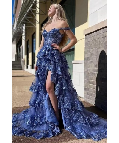 Lace Tulle Tiered Prom Dresses for Women Spaghetti Straps Corset Long Formal Evening Dresses with Slit Peacock $47.50 Dresses