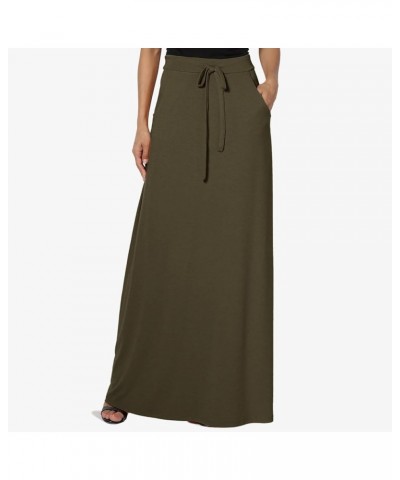 High Waist Drawstring Maxi Skirt for Women Solid Color Loose Bodycon Skirts Lightweight Ankle Length Skirt A-green $8.17 Skirts