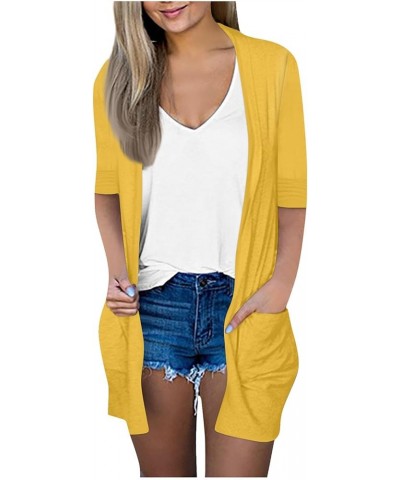 Plus Size Cardigan Lightweight Solid Color Fashion Loose Casual Cardigan 3/4 Length Sleeve Jacket Top with Pockets 01-yellow ...