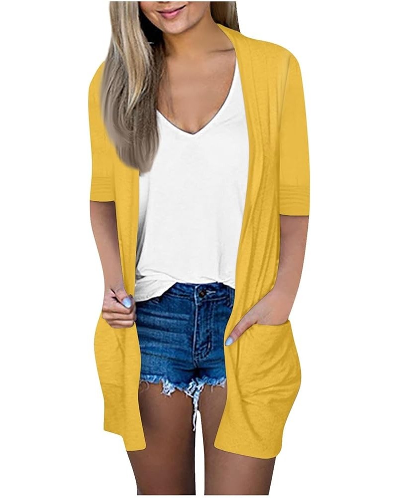 Plus Size Cardigan Lightweight Solid Color Fashion Loose Casual Cardigan 3/4 Length Sleeve Jacket Top with Pockets 01-yellow ...