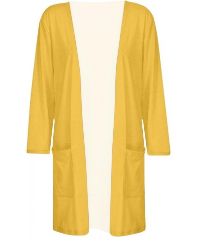 Plus Size Cardigan Lightweight Solid Color Fashion Loose Casual Cardigan 3/4 Length Sleeve Jacket Top with Pockets 01-yellow ...