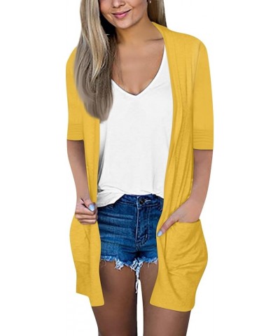 Plus Size Cardigan Lightweight Solid Color Fashion Loose Casual Cardigan 3/4 Length Sleeve Jacket Top with Pockets 01-yellow ...