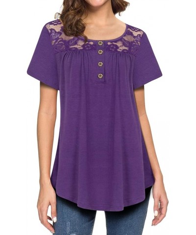 Womens Dressy Elegant Short Sleeve Blouse Mesh Patchwork Trendy Sexy Casual Tops Purple $10.19 Blouses