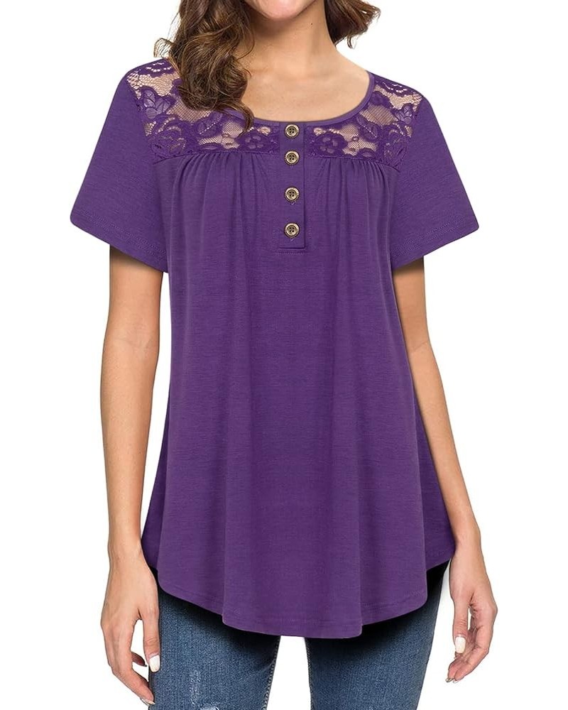 Womens Dressy Elegant Short Sleeve Blouse Mesh Patchwork Trendy Sexy Casual Tops Purple $10.19 Blouses