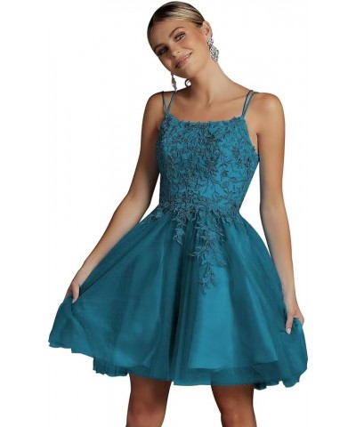 Lace Appliques Tulle Homecoming Dresses for Teens 2023 Spaghetti Strap A-Line Prom Dress Short for Women Evening Party Aqua $...