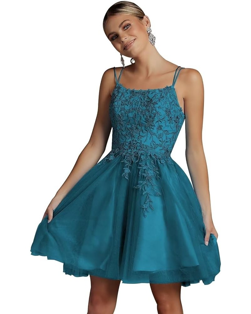 Lace Appliques Tulle Homecoming Dresses for Teens 2023 Spaghetti Strap A-Line Prom Dress Short for Women Evening Party Aqua $...