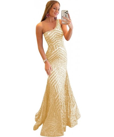 One Shoulder Sequin Mermaid Prom Dresses for Teens Long Sparkly Sequin Formal Party Dress Champagne $45.08 Dresses