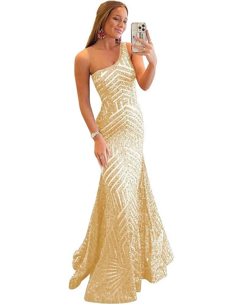 One Shoulder Sequin Mermaid Prom Dresses for Teens Long Sparkly Sequin Formal Party Dress Champagne $45.08 Dresses