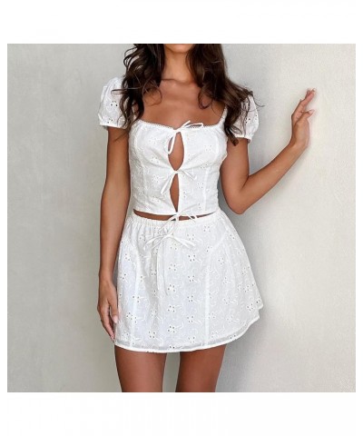 Women 2 Piece Outfits Skirt Set Sexy Y2k Lace Cutout See Through Long Sleeve Tops Bodycon Mini Skirt Going Out Outfits White-...