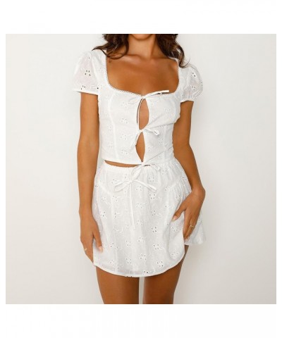 Women 2 Piece Outfits Skirt Set Sexy Y2k Lace Cutout See Through Long Sleeve Tops Bodycon Mini Skirt Going Out Outfits White-...