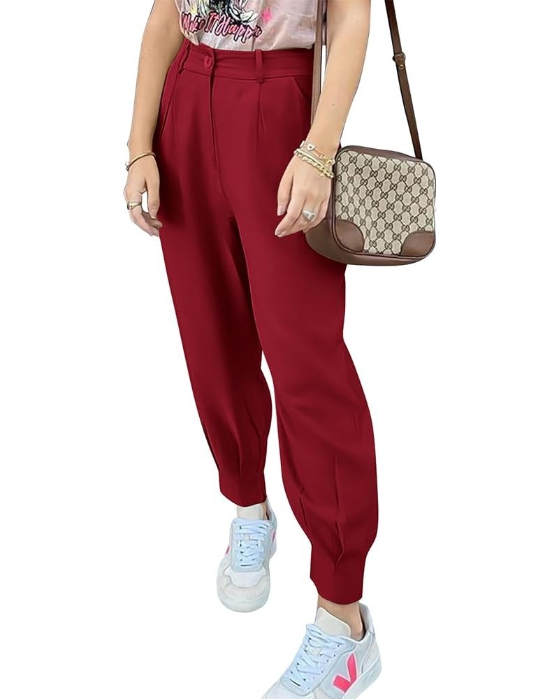 Womens Stretchy High Waisted Pants Trendy Skinny Business Work Casual Pencil Trousers with Pockets Wine Red1 $22.32 Pants