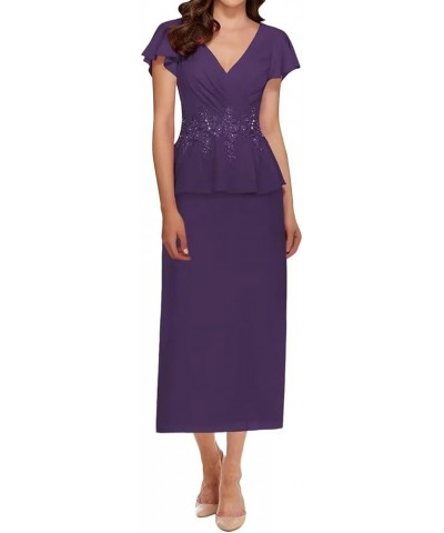 Tea Length Mother of The Bride Dresses for Wedding with Sleeves Appliques V Neck Formal Evening Gowns Plum $36.57 Dresses