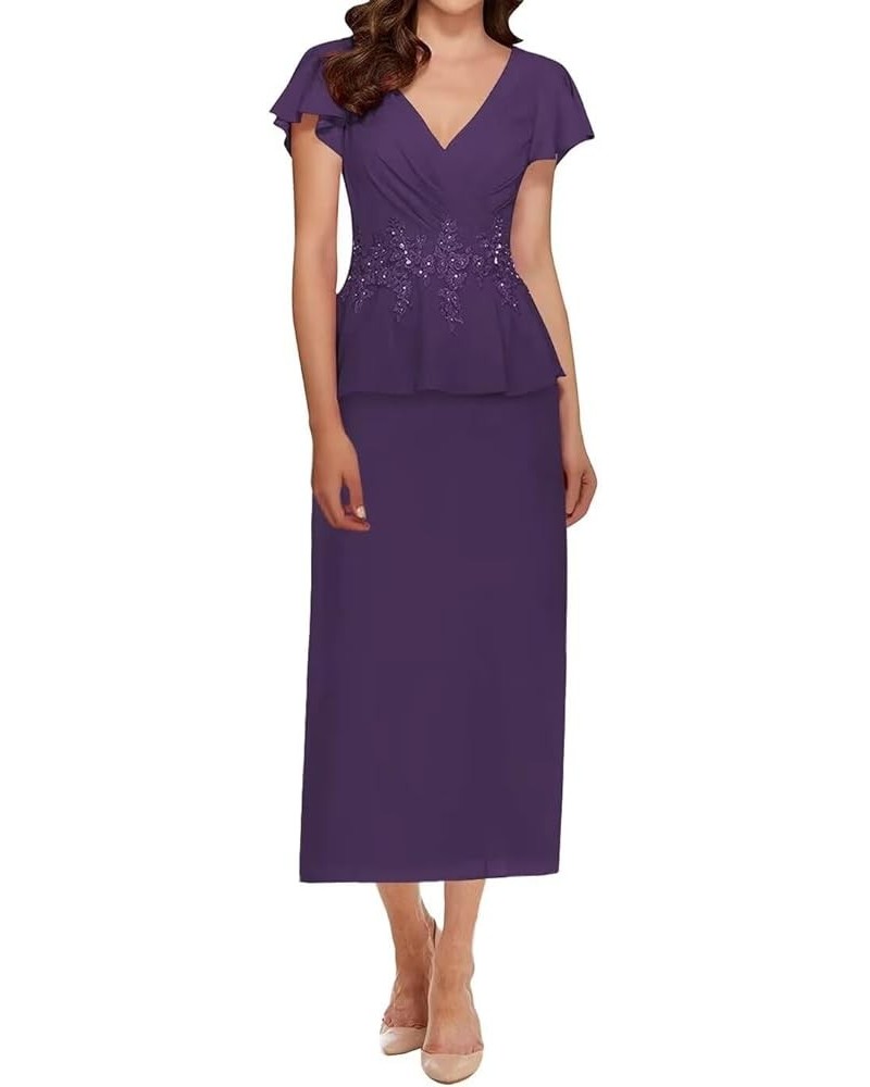 Tea Length Mother of The Bride Dresses for Wedding with Sleeves Appliques V Neck Formal Evening Gowns Plum $36.57 Dresses