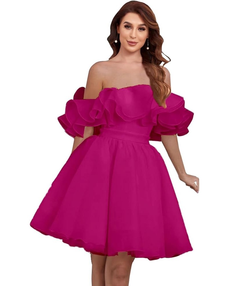 Women's Off Shoulder Short Homecoming Dress Ruffle Tulle Bridesmaid Prom Gown with Pockets YG235 Fuchsia $38.49 Dresses