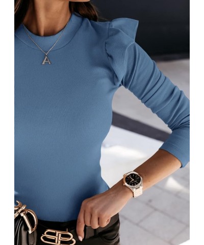 Womens Ruffle Trim Long Sleeve Shirts Tops Slim Fit Ribbed Knit Solid Blouses Blue $11.19 Blouses