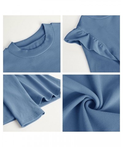 Womens Ruffle Trim Long Sleeve Shirts Tops Slim Fit Ribbed Knit Solid Blouses Blue $11.19 Blouses