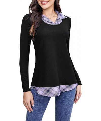 Women's Long Sleeve Contrast Collared Shirts Patchwork Work Blouse Tunics Tops 1-purple Plaid-1 $17.43 Blouses