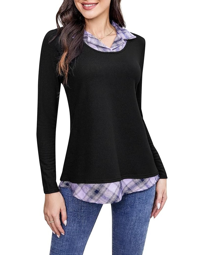 Women's Long Sleeve Contrast Collared Shirts Patchwork Work Blouse Tunics Tops 1-purple Plaid-1 $17.43 Blouses