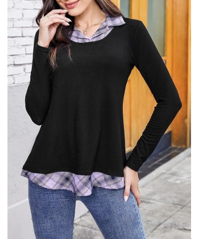 Women's Long Sleeve Contrast Collared Shirts Patchwork Work Blouse Tunics Tops 1-purple Plaid-1 $17.43 Blouses