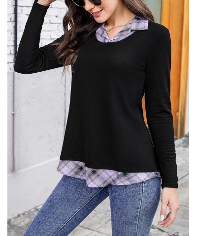 Women's Long Sleeve Contrast Collared Shirts Patchwork Work Blouse Tunics Tops 1-purple Plaid-1 $17.43 Blouses