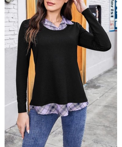 Women's Long Sleeve Contrast Collared Shirts Patchwork Work Blouse Tunics Tops 1-purple Plaid-1 $17.43 Blouses