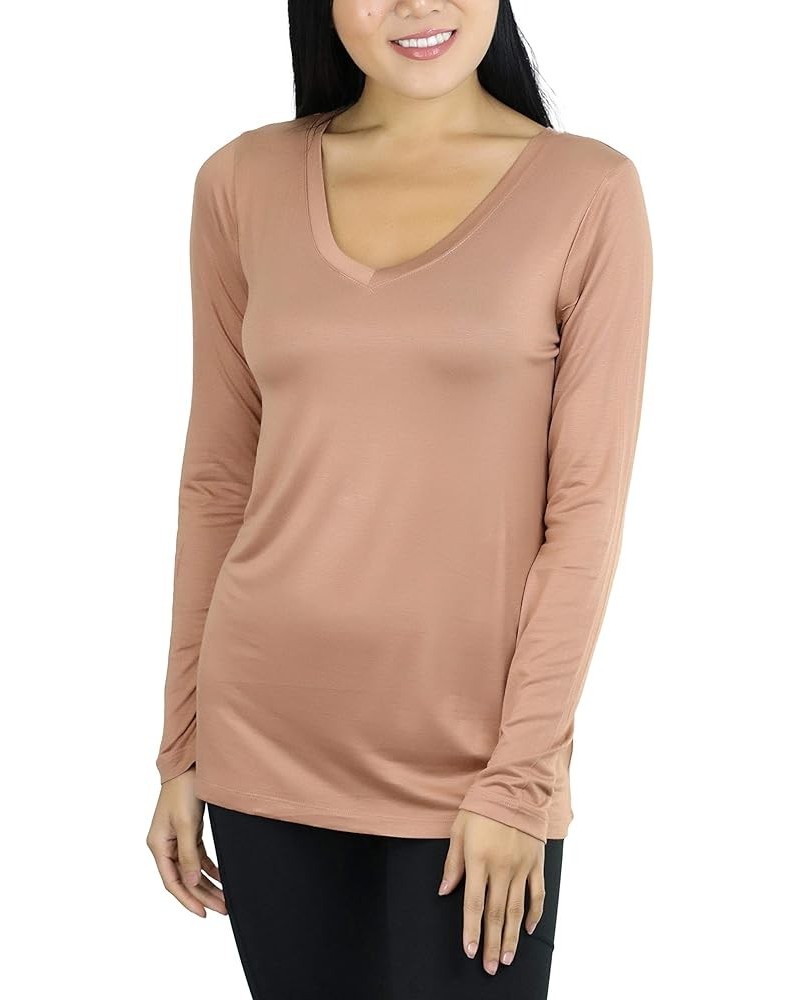 Women’s Classic Timeless Layering V-Neck Long Sleeve Top Eggshell $9.15 T-Shirts