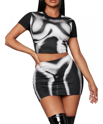 Women's 2 Piece Outfit Short Sleeve Crop Top with Bodycon Skirt Set Black and White $17.10 Suits