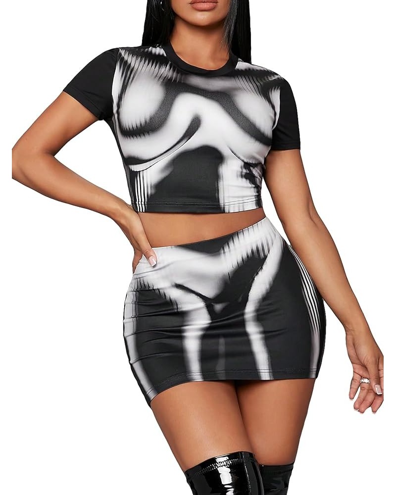 Women's 2 Piece Outfit Short Sleeve Crop Top with Bodycon Skirt Set Black and White $17.10 Suits