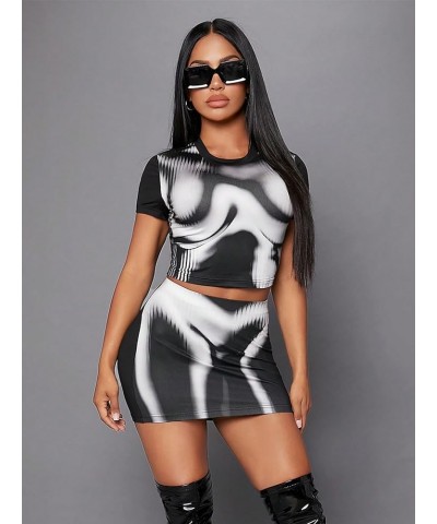 Women's 2 Piece Outfit Short Sleeve Crop Top with Bodycon Skirt Set Black and White $17.10 Suits