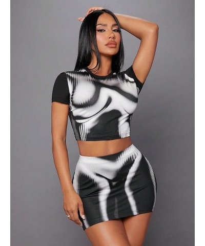 Women's 2 Piece Outfit Short Sleeve Crop Top with Bodycon Skirt Set Black and White $17.10 Suits