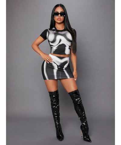 Women's 2 Piece Outfit Short Sleeve Crop Top with Bodycon Skirt Set Black and White $17.10 Suits