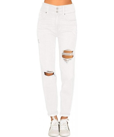 Women's Casual High Waisted Mom Jeans Ripped Stretchy Tapered Denim Pants Front 2 Buttons-clean White $21.59 Jeans