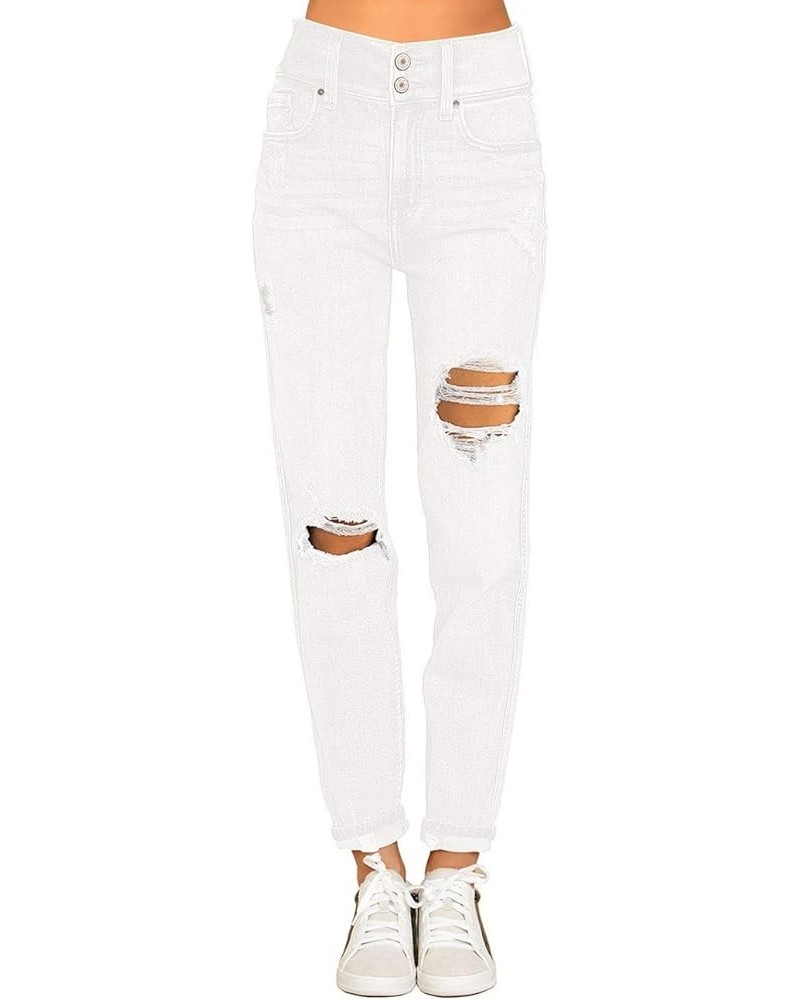 Women's Casual High Waisted Mom Jeans Ripped Stretchy Tapered Denim Pants Front 2 Buttons-clean White $21.59 Jeans