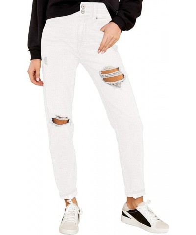 Women's Casual High Waisted Mom Jeans Ripped Stretchy Tapered Denim Pants Front 2 Buttons-clean White $21.59 Jeans