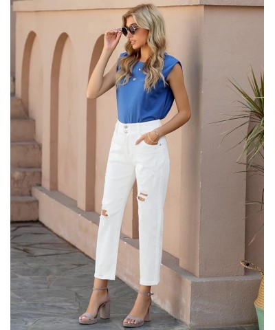 Women's Casual High Waisted Mom Jeans Ripped Stretchy Tapered Denim Pants Front 2 Buttons-clean White $21.59 Jeans