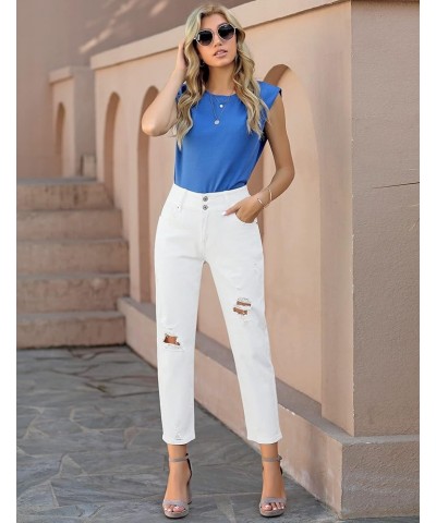 Women's Casual High Waisted Mom Jeans Ripped Stretchy Tapered Denim Pants Front 2 Buttons-clean White $21.59 Jeans