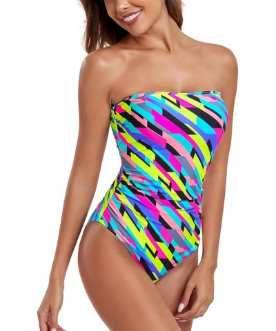 Women's Bandeau One Piece Swimsuit Ruched Bathing Suits Neon Striped $23.36 Swimsuits