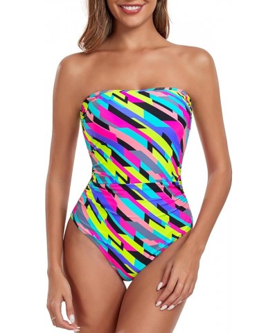 Women's Bandeau One Piece Swimsuit Ruched Bathing Suits Neon Striped $23.36 Swimsuits