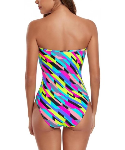 Women's Bandeau One Piece Swimsuit Ruched Bathing Suits Neon Striped $23.36 Swimsuits