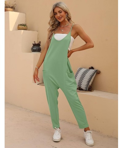 Women's Loose V Neck Jumpsuits Sleeveless Spaghetti Strap Long Pants Harem Overalls with Pockets Mintgreen $15.07 Overalls