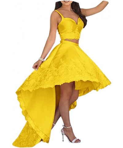 Lace Two Piece Homecoming Dresses for Girl High Low Short Prom Formal Gown Dark Gold $35.87 Dresses