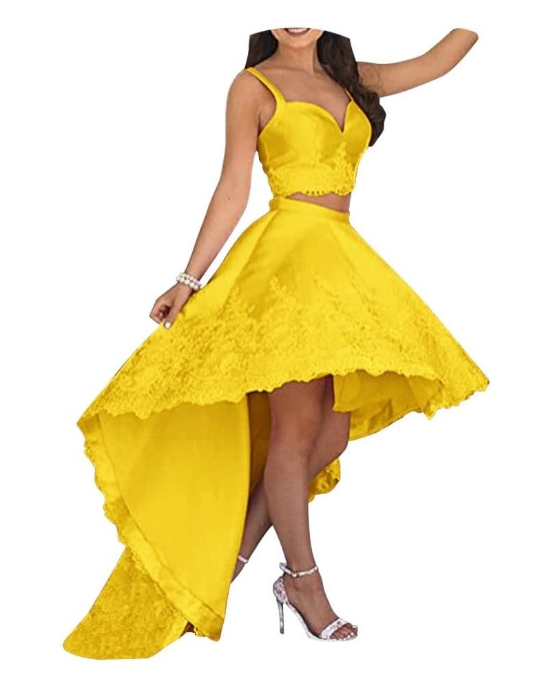 Lace Two Piece Homecoming Dresses for Girl High Low Short Prom Formal Gown Dark Gold $35.87 Dresses