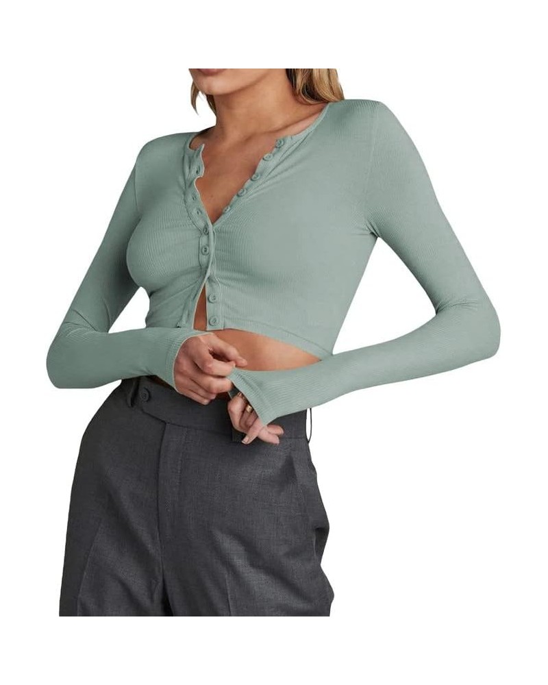 Long Sleeve Button Down Crop Top for Women V Neck Ribbed Slim Fitted Y2K Casual T-Shirt Tops B1- Grayish Green $10.19 T-Shirts