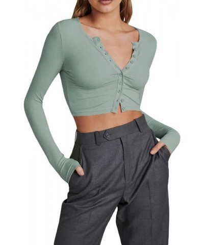 Long Sleeve Button Down Crop Top for Women V Neck Ribbed Slim Fitted Y2K Casual T-Shirt Tops B1- Grayish Green $10.19 T-Shirts