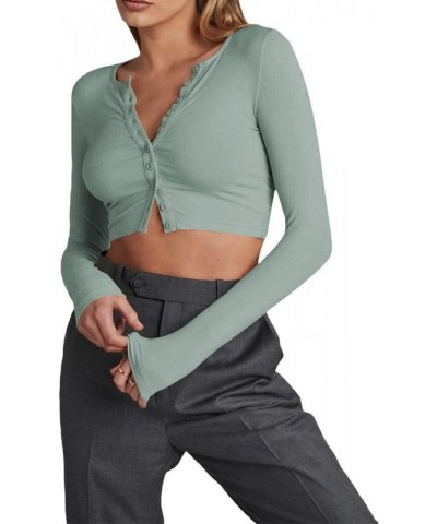 Long Sleeve Button Down Crop Top for Women V Neck Ribbed Slim Fitted Y2K Casual T-Shirt Tops B1- Grayish Green $10.19 T-Shirts