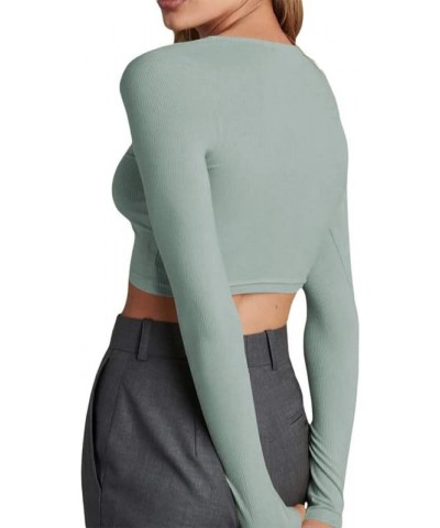 Long Sleeve Button Down Crop Top for Women V Neck Ribbed Slim Fitted Y2K Casual T-Shirt Tops B1- Grayish Green $10.19 T-Shirts