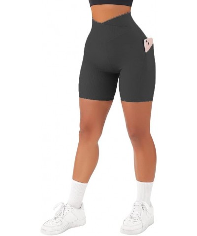 Women V Cross Workout Shorts High Waist Booty Biker Shorts with Pockets 5" Tummy Control Yoga Shorts Black $9.96 Activewear