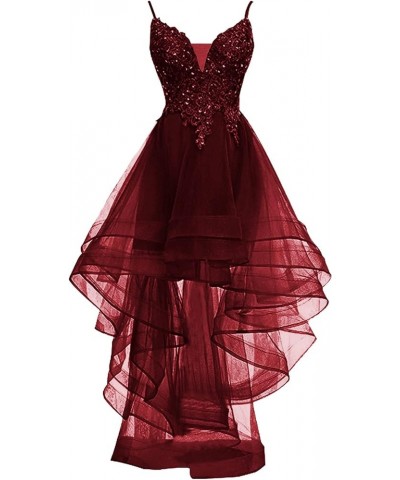 Homecoming Dress High Low Prom Dresses V Neck Cocktail Dress Lace Applique Beaded Spaghetti Straps Wedding Party Burgundy $44...