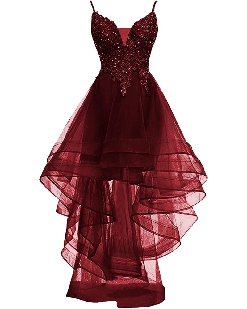 Homecoming Dress High Low Prom Dresses V Neck Cocktail Dress Lace Applique Beaded Spaghetti Straps Wedding Party Burgundy $44...